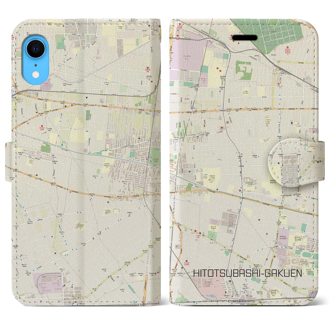 【一橋学園】地図柄iPhoneケース（手帳両面タイプ・ナチュラル）iPhone XR 用