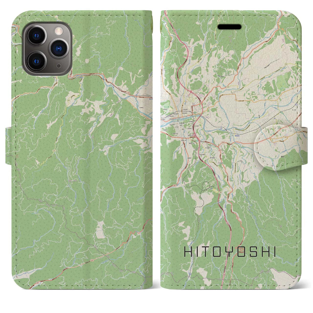 【人吉】地図柄iPhoneケース（手帳両面タイプ・ナチュラル）iPhone 11 Pro Max 用
