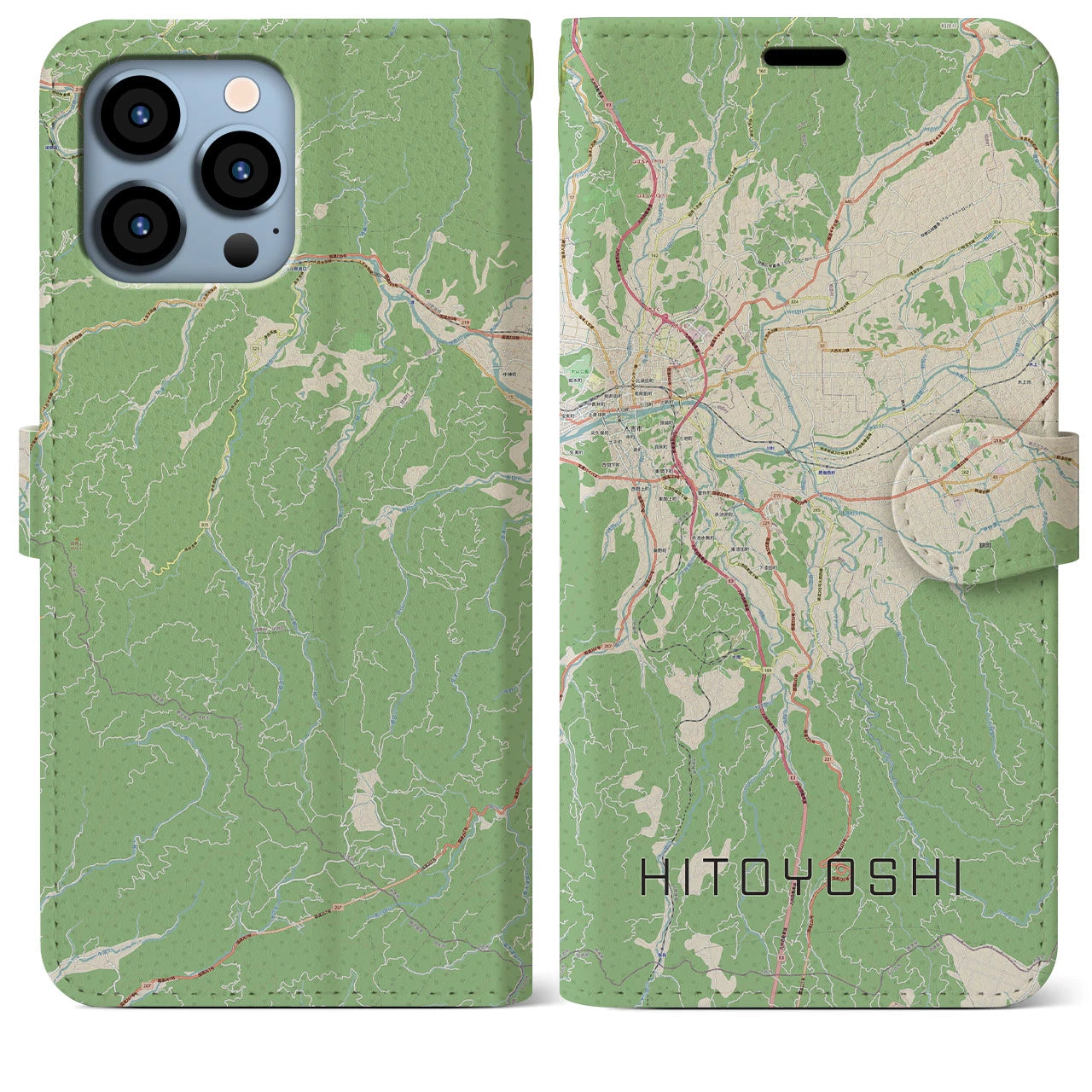 【人吉】地図柄iPhoneケース（手帳両面タイプ・ナチュラル）iPhone 13 Pro Max 用