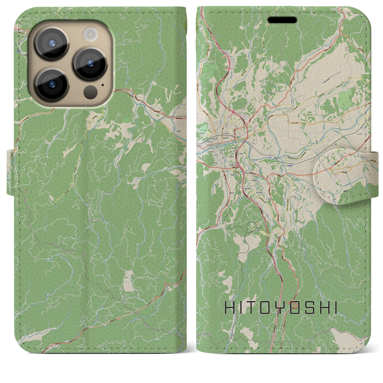 【人吉】地図柄iPhoneケース（手帳両面タイプ・ナチュラル）iPhone 14 Pro Max 用