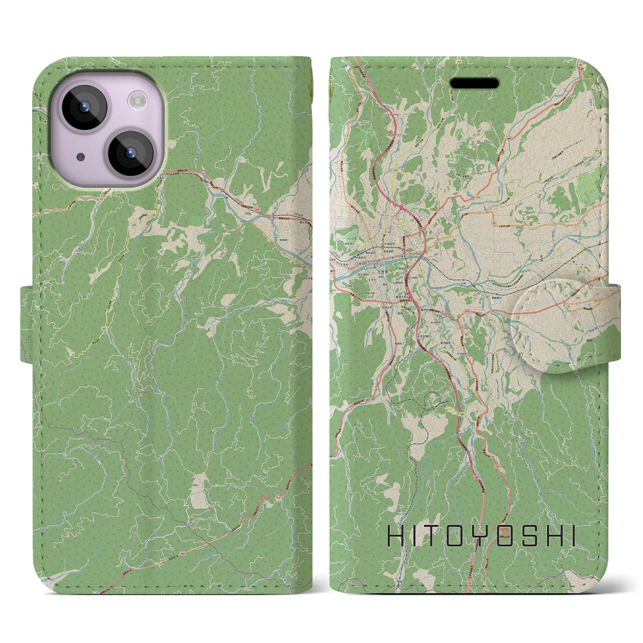 【人吉】地図柄iPhoneケース（手帳両面タイプ・ナチュラル）iPhone 14 用