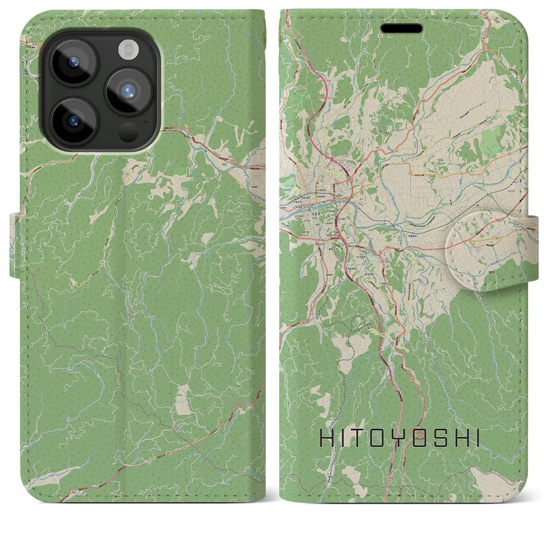 【人吉】地図柄iPhoneケース（手帳両面タイプ・ナチュラル）iPhone 15 Pro Max 用