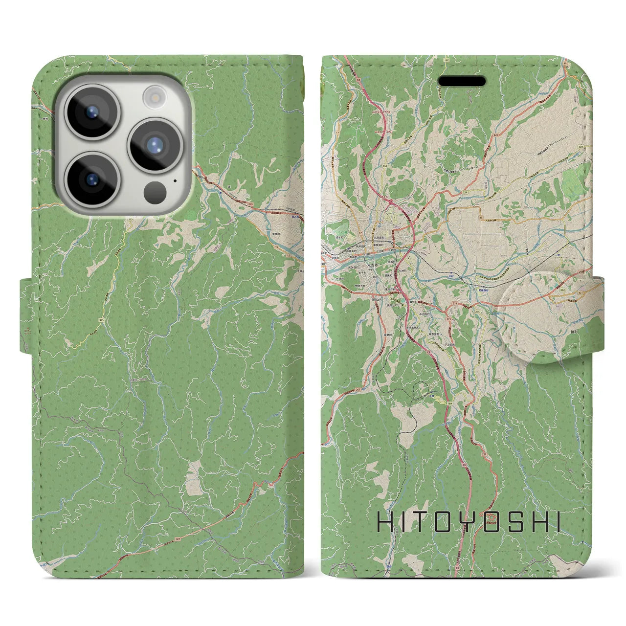 【人吉】地図柄iPhoneケース（手帳両面タイプ・ナチュラル）iPhone 15 Pro 用