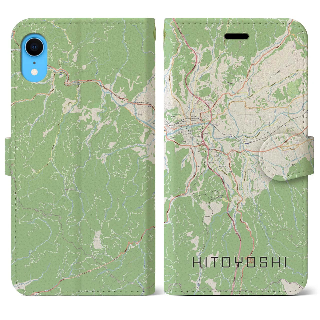 【人吉】地図柄iPhoneケース（手帳両面タイプ・ナチュラル）iPhone XR 用