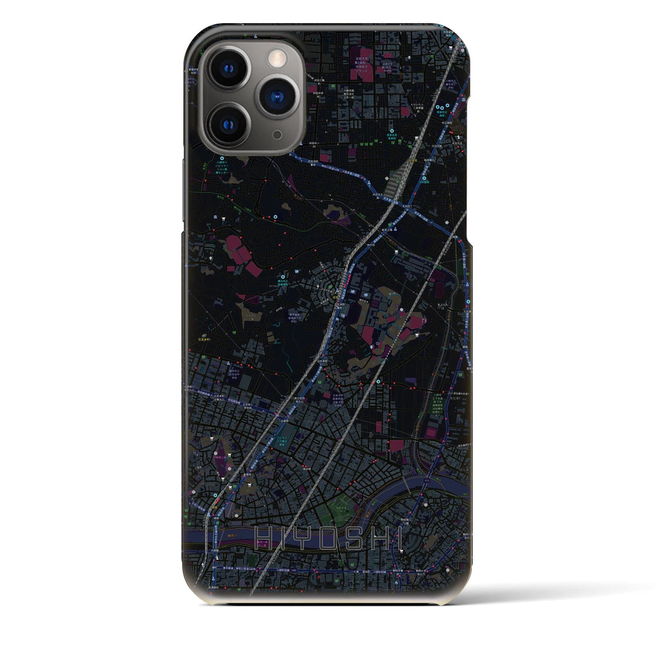 【日吉】地図柄iPhoneケース（バックカバータイプ・ブラック）iPhone 11 Pro Max 用