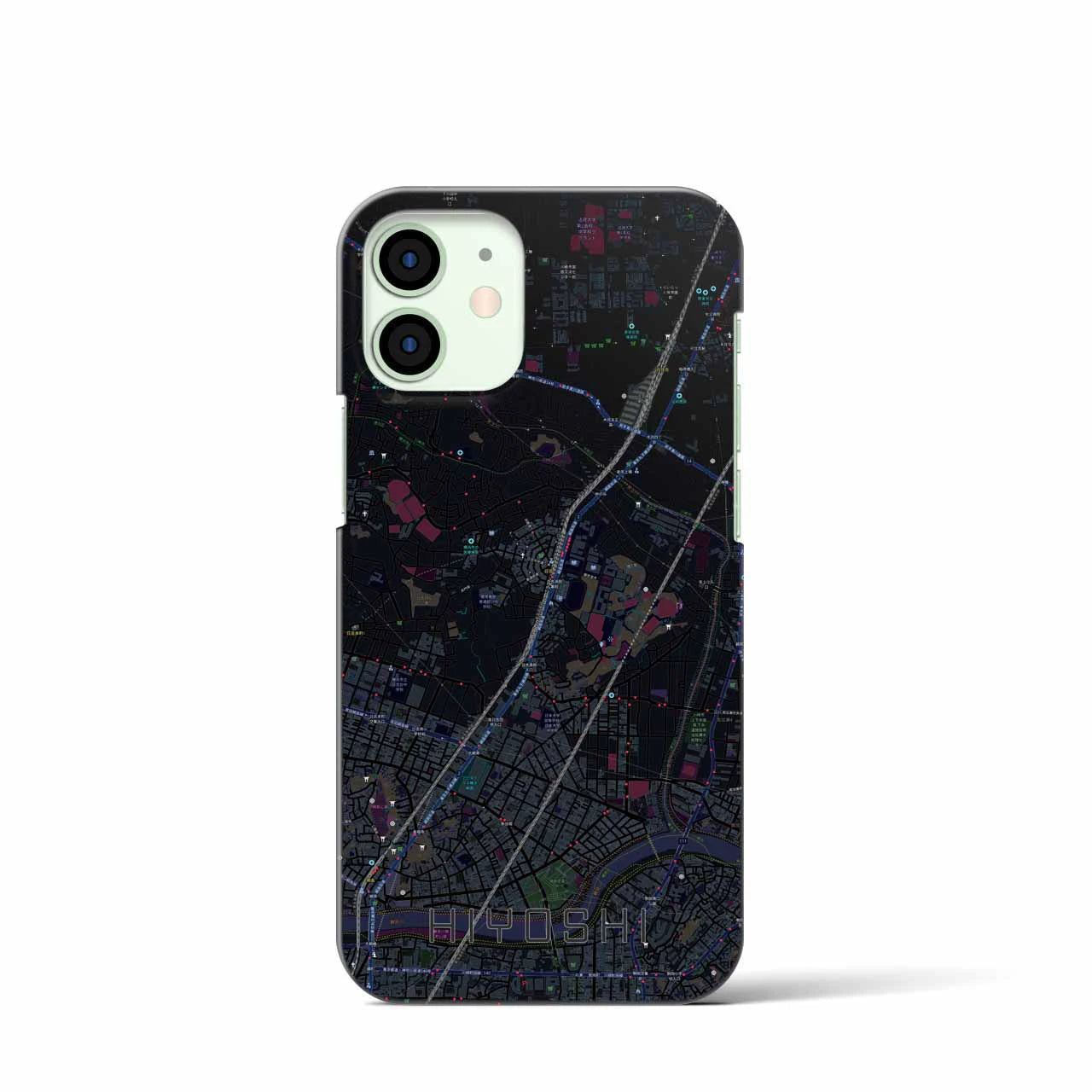 【日吉】地図柄iPhoneケース（バックカバータイプ・ブラック）iPhone 12 mini 用