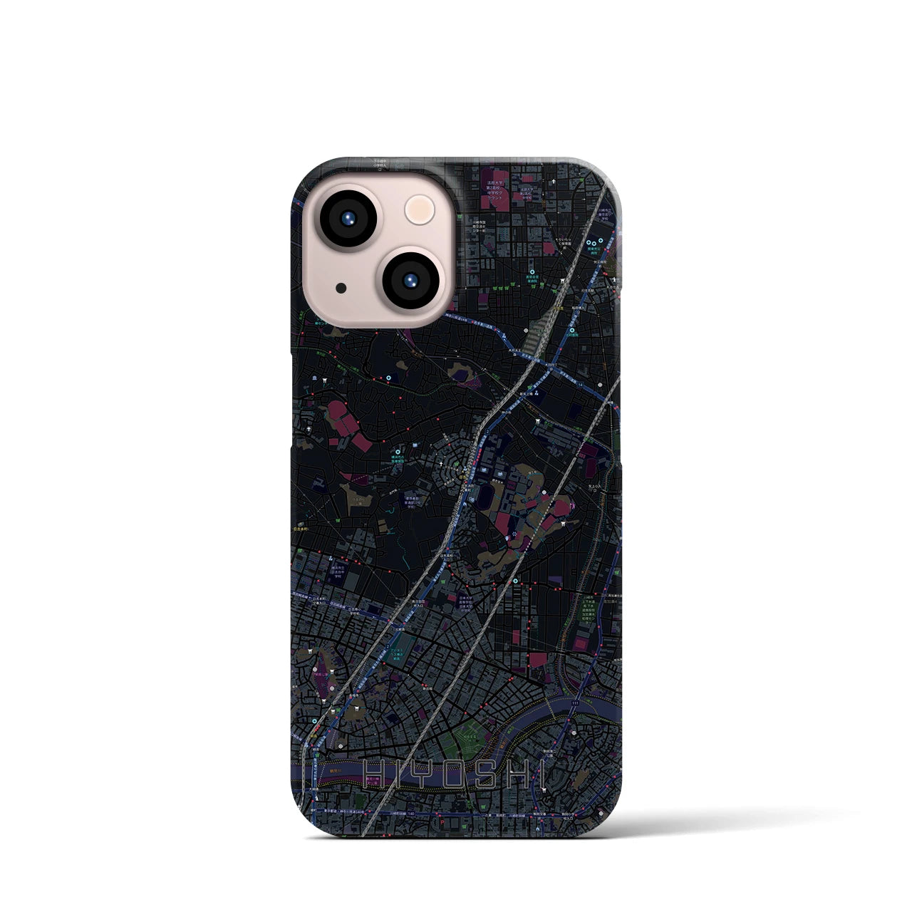 【日吉】地図柄iPhoneケース（バックカバータイプ・ブラック）iPhone 13 mini 用
