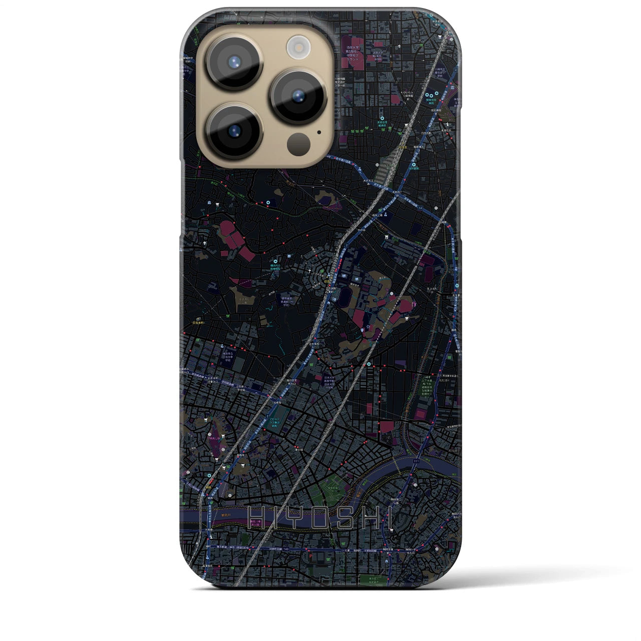 【日吉】地図柄iPhoneケース（バックカバータイプ・ブラック）iPhone 14 Pro Max 用