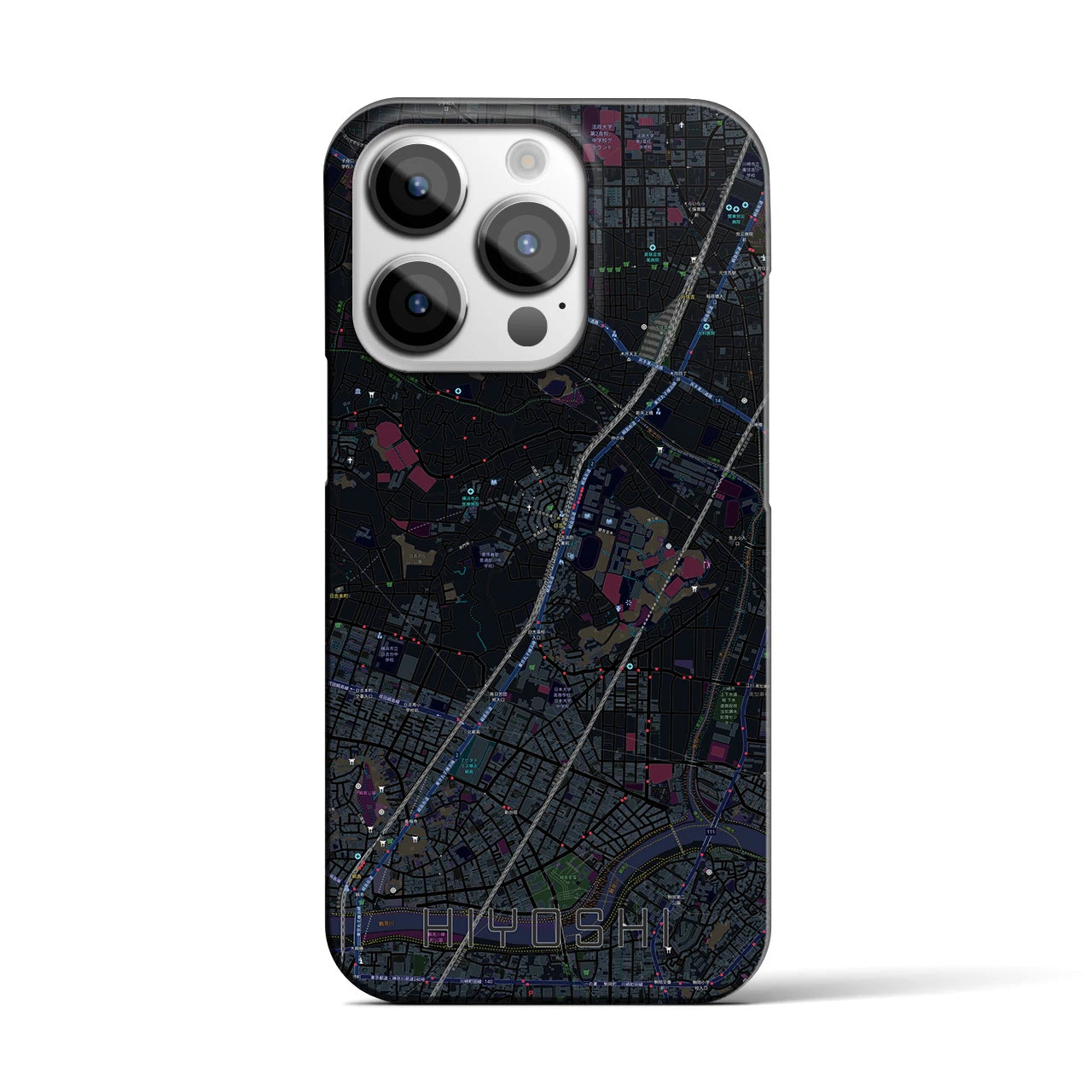 【日吉】地図柄iPhoneケース（バックカバータイプ・ブラック）iPhone 14 Pro 用