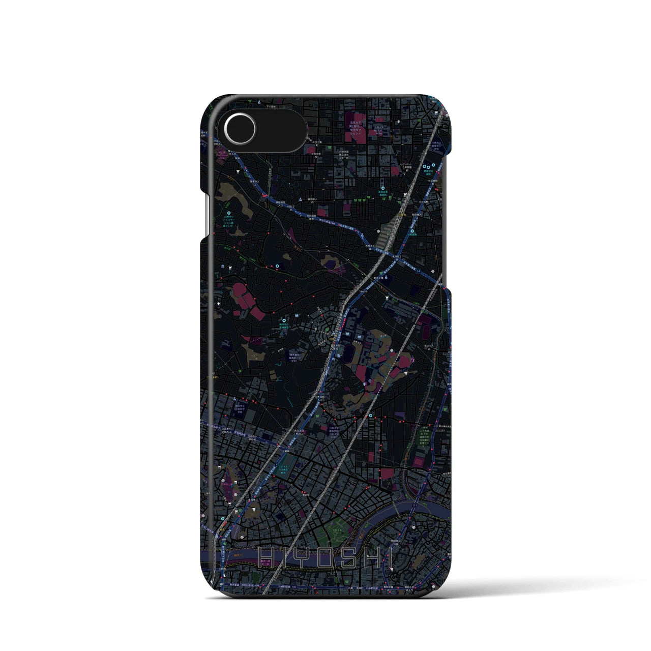 【日吉】地図柄iPhoneケース（バックカバータイプ・ブラック）iPhone SE（第3 / 第2世代） / 8 / 7 / 6s / 6 用