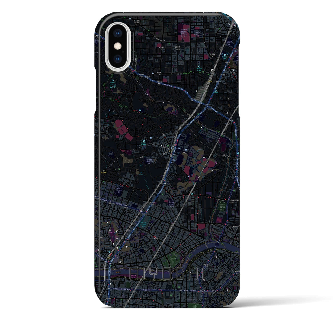 【日吉】地図柄iPhoneケース（バックカバータイプ・ブラック）iPhone XS Max 用
