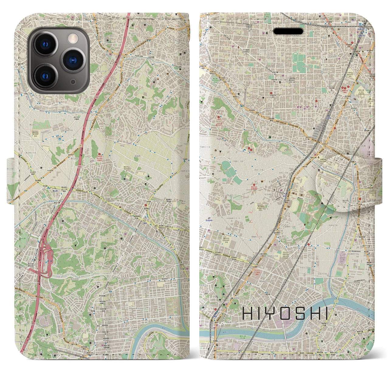 【日吉】地図柄iPhoneケース（手帳両面タイプ・ナチュラル）iPhone 11 Pro Max 用