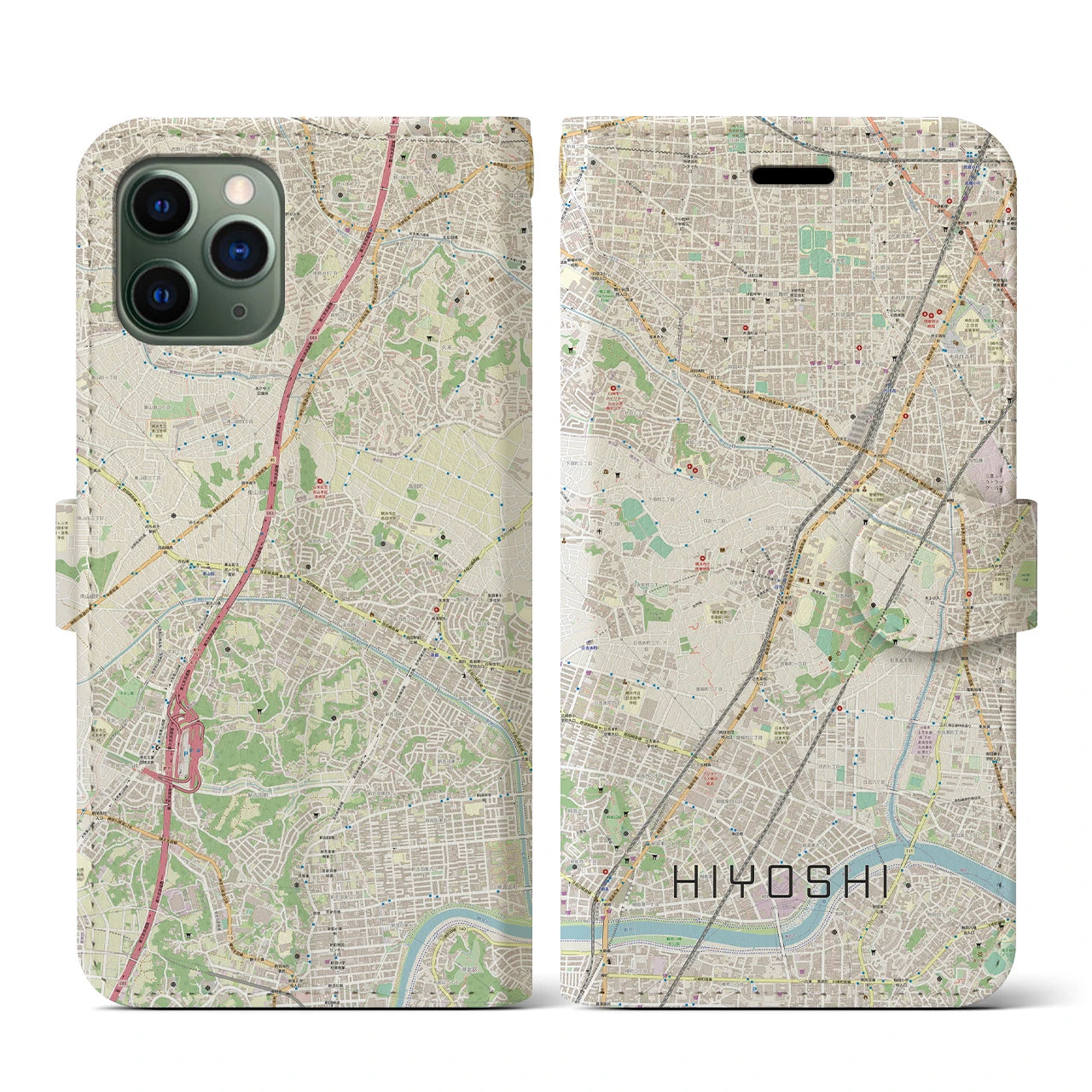 【日吉】地図柄iPhoneケース（手帳両面タイプ・ナチュラル）iPhone 11 Pro 用