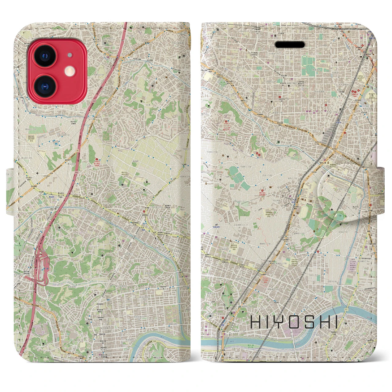 【日吉】地図柄iPhoneケース（手帳両面タイプ・ナチュラル）iPhone 11 用