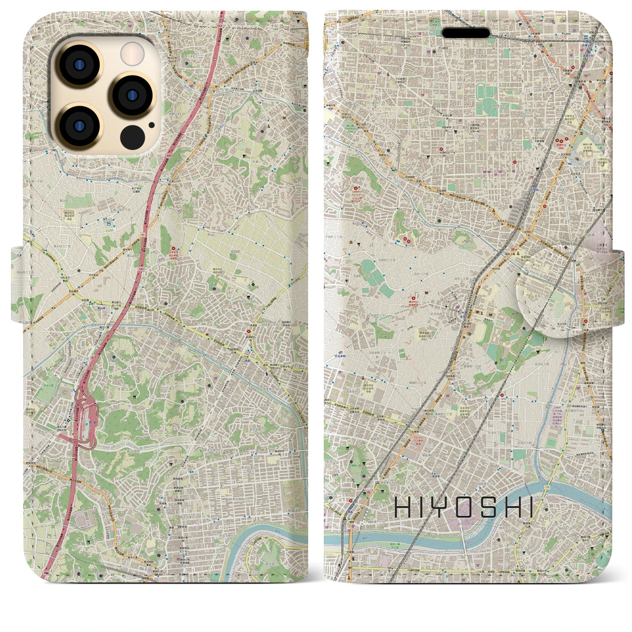 【日吉】地図柄iPhoneケース（手帳両面タイプ・ナチュラル）iPhone 12 Pro Max 用