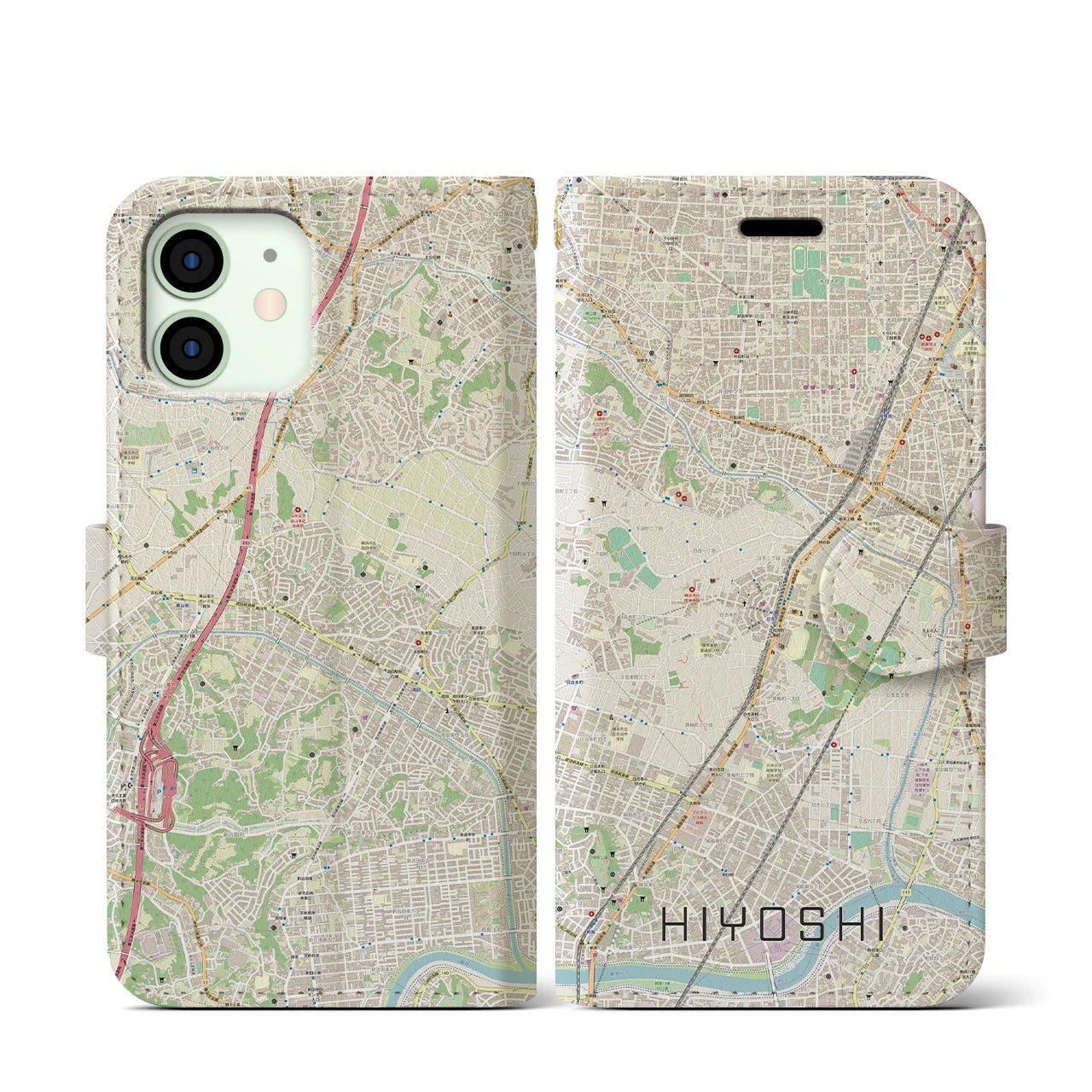 【日吉】地図柄iPhoneケース（手帳両面タイプ・ナチュラル）iPhone 12 mini 用