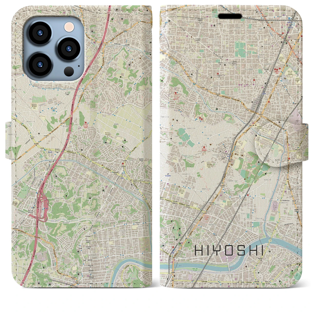 【日吉】地図柄iPhoneケース（手帳両面タイプ・ナチュラル）iPhone 13 Pro Max 用