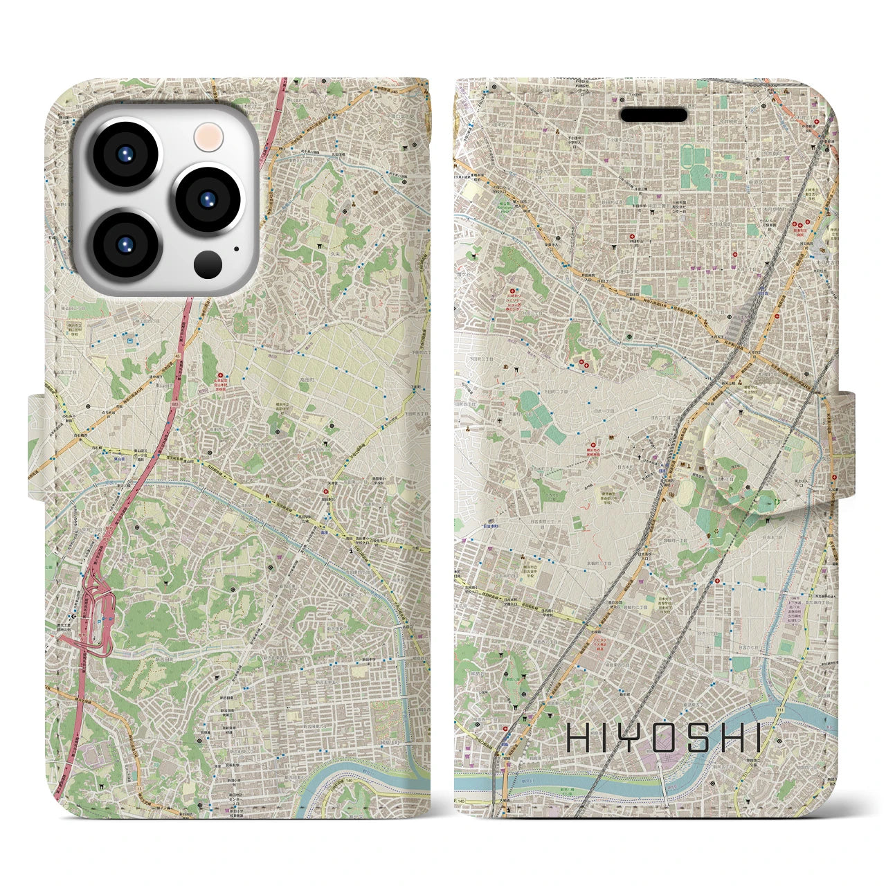 【日吉】地図柄iPhoneケース（手帳両面タイプ・ナチュラル）iPhone 13 Pro 用