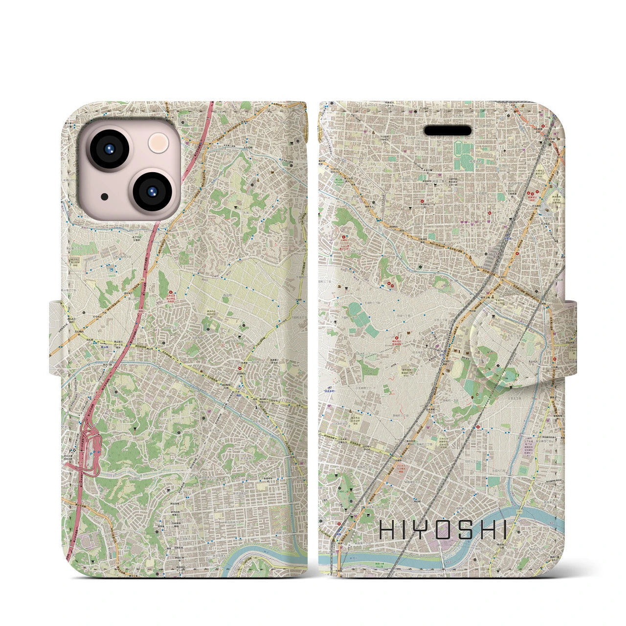 【日吉】地図柄iPhoneケース（手帳両面タイプ・ナチュラル）iPhone 13 mini 用