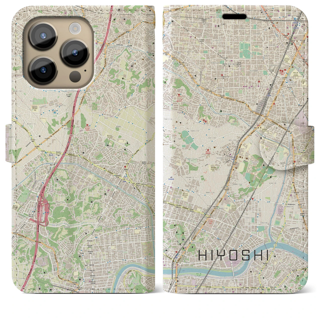 【日吉】地図柄iPhoneケース（手帳両面タイプ・ナチュラル）iPhone 14 Pro Max 用