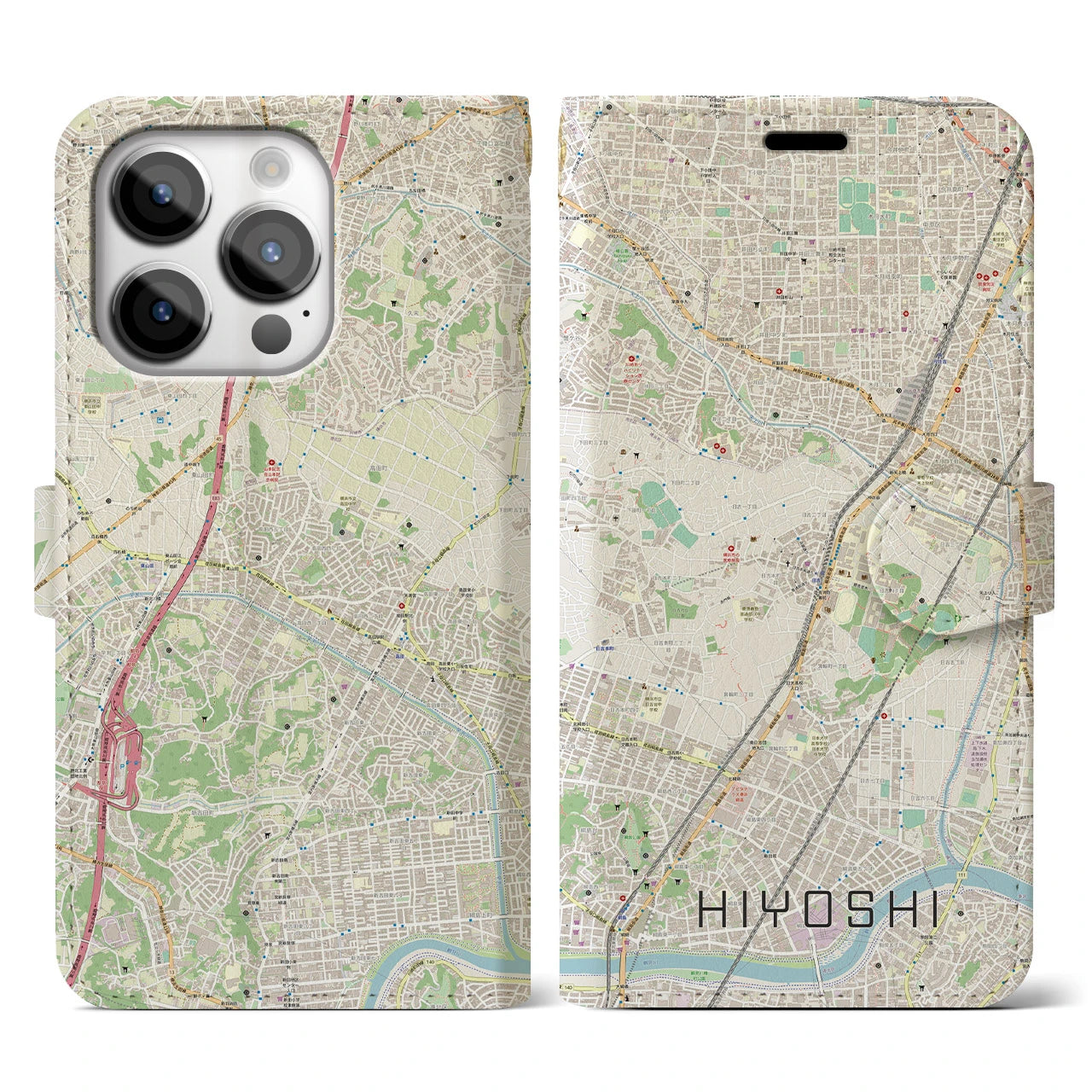 【日吉】地図柄iPhoneケース（手帳両面タイプ・ナチュラル）iPhone 14 Pro 用