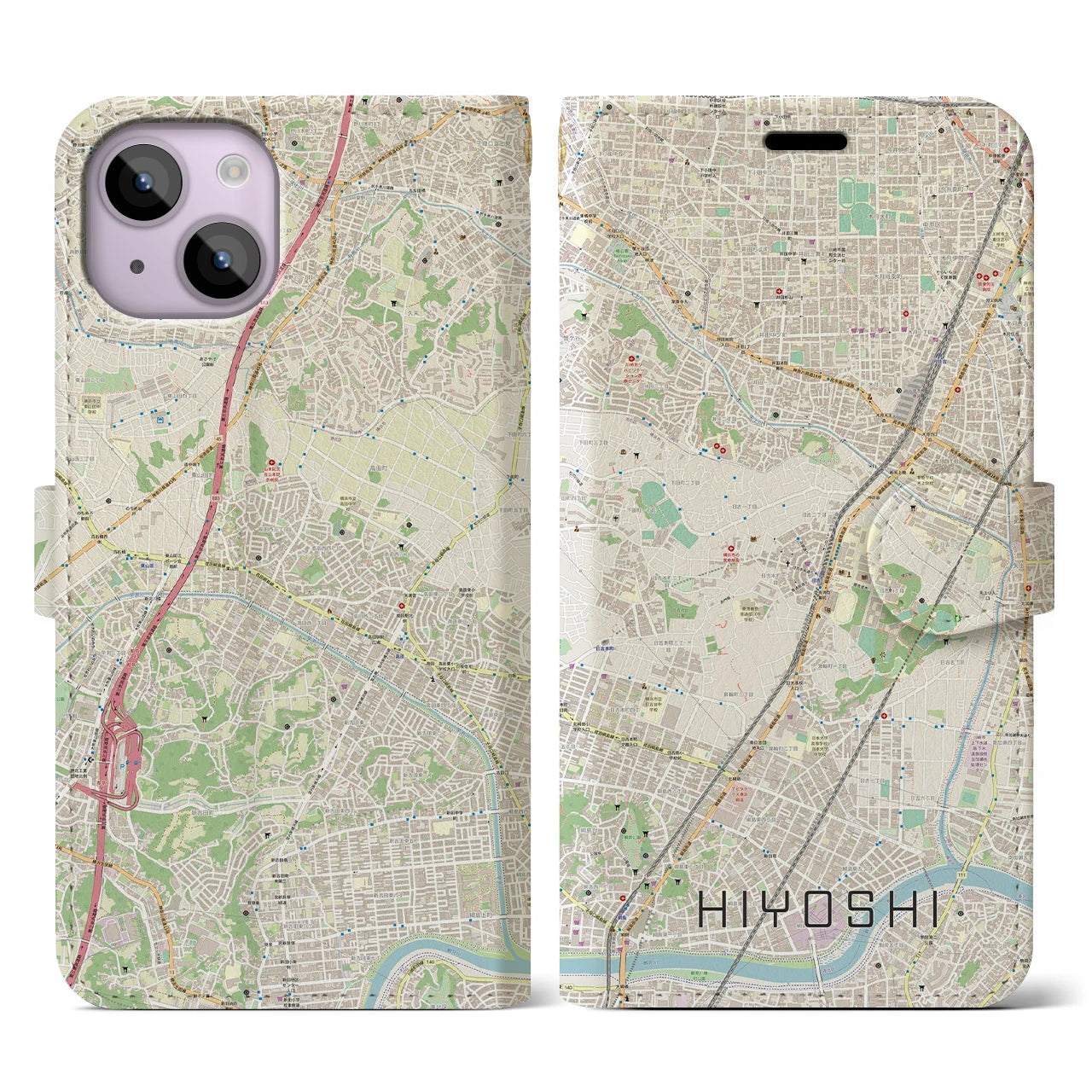 【日吉】地図柄iPhoneケース（手帳両面タイプ・ナチュラル）iPhone 14 用