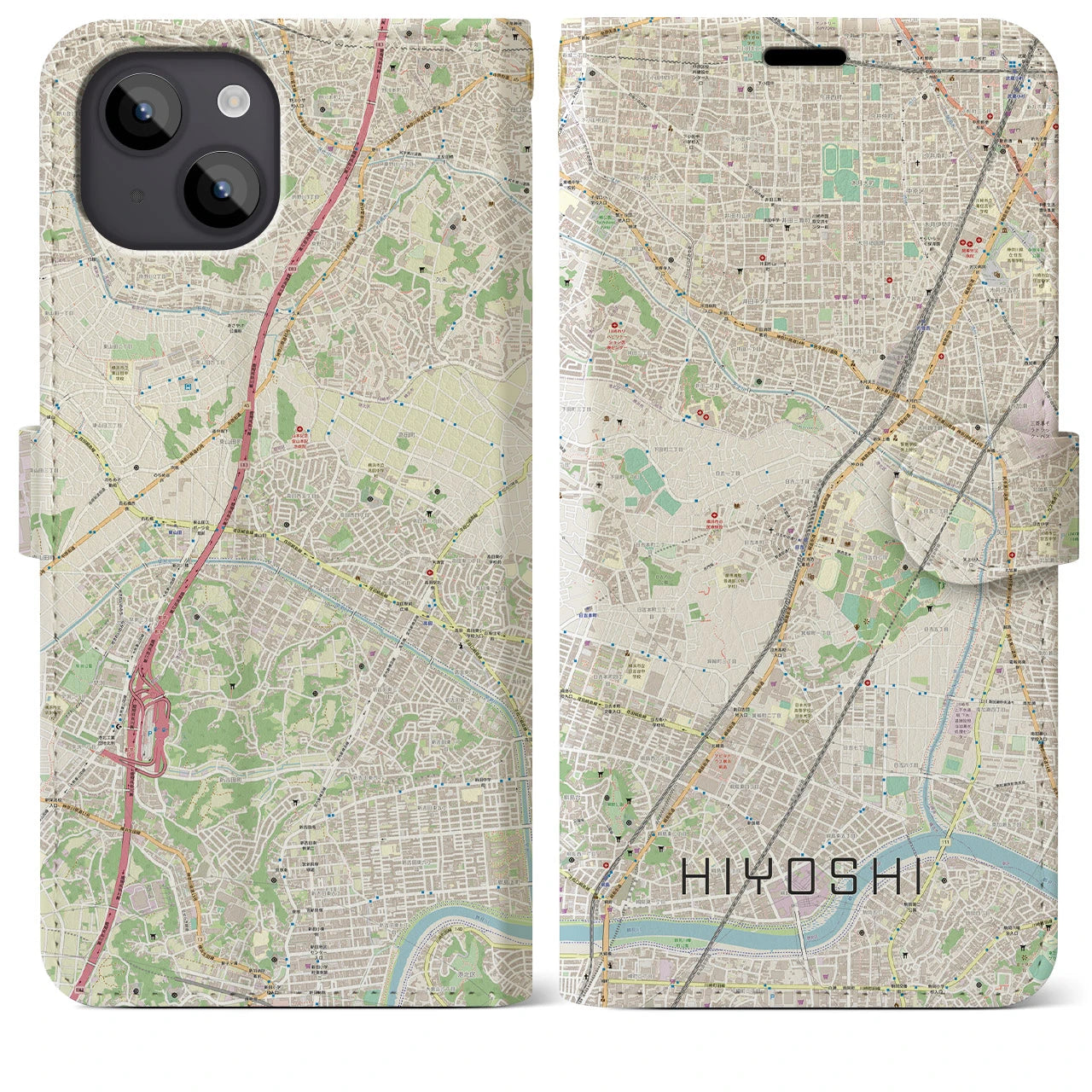 【日吉】地図柄iPhoneケース（手帳両面タイプ・ナチュラル）iPhone 14 Plus 用