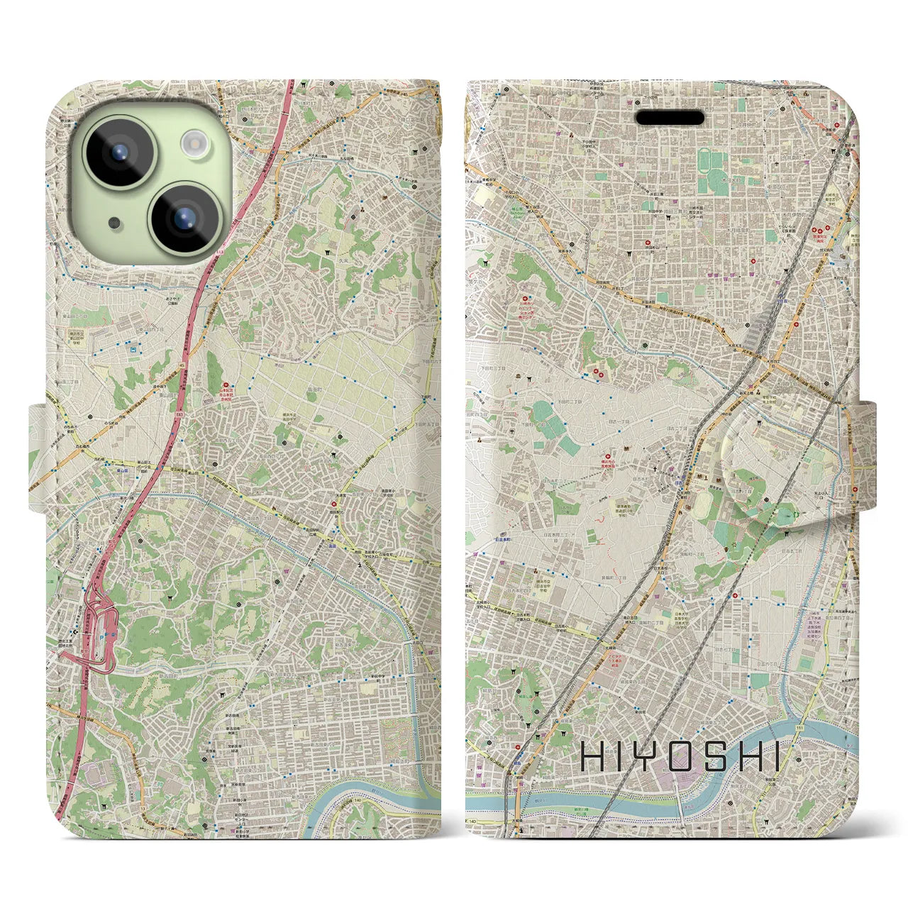 【日吉】地図柄iPhoneケース（手帳両面タイプ・ナチュラル）iPhone 15 用