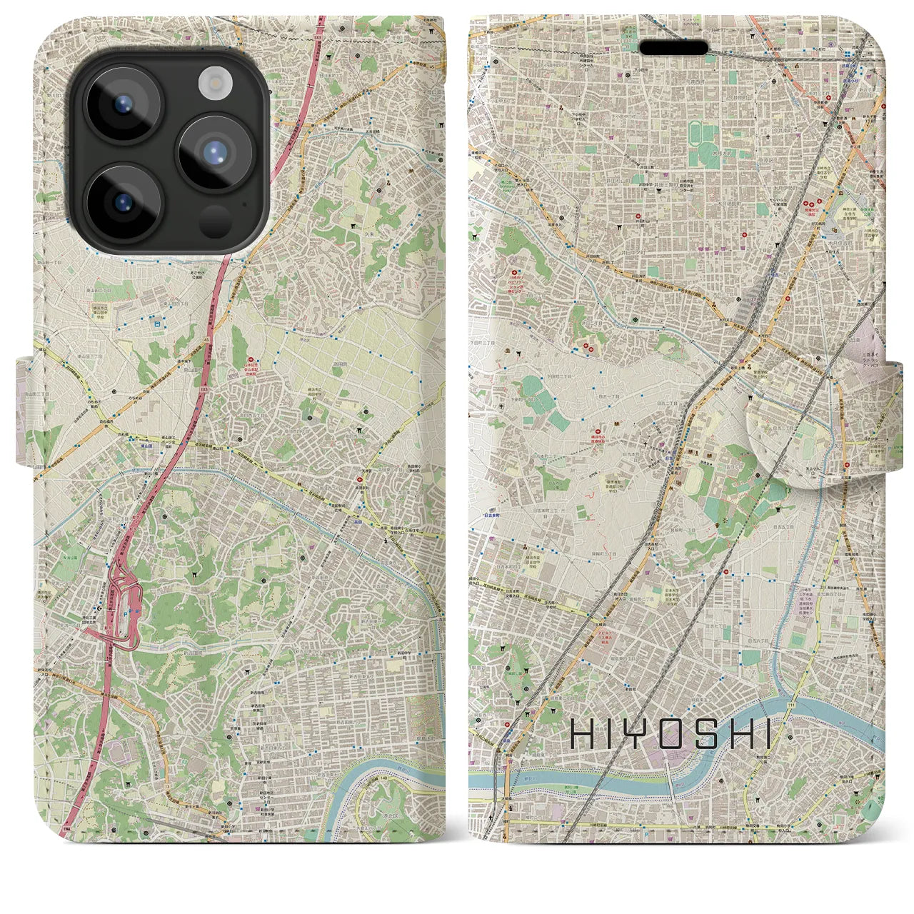 【日吉】地図柄iPhoneケース（手帳両面タイプ・ナチュラル）iPhone 15 Pro Max 用