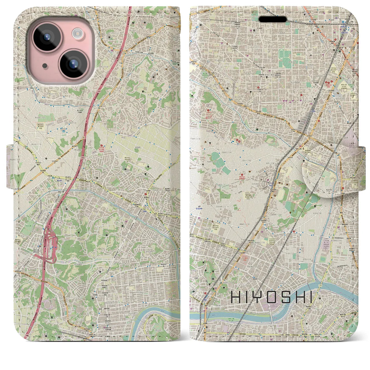 【日吉】地図柄iPhoneケース（手帳両面タイプ・ナチュラル）iPhone 15 Plus 用