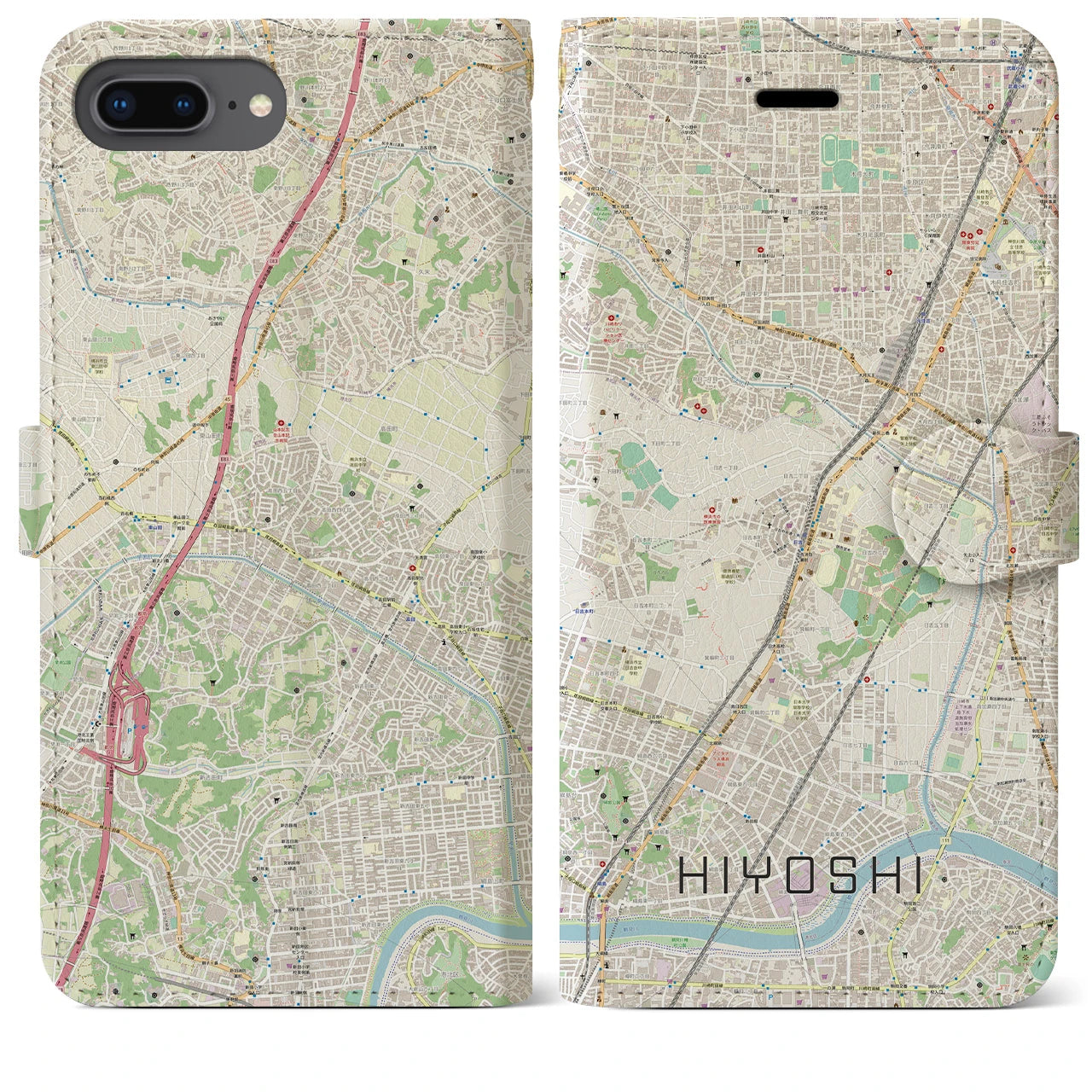 【日吉】地図柄iPhoneケース（手帳両面タイプ・ナチュラル）iPhone 8Plus /7Plus / 6sPlus / 6Plus 用