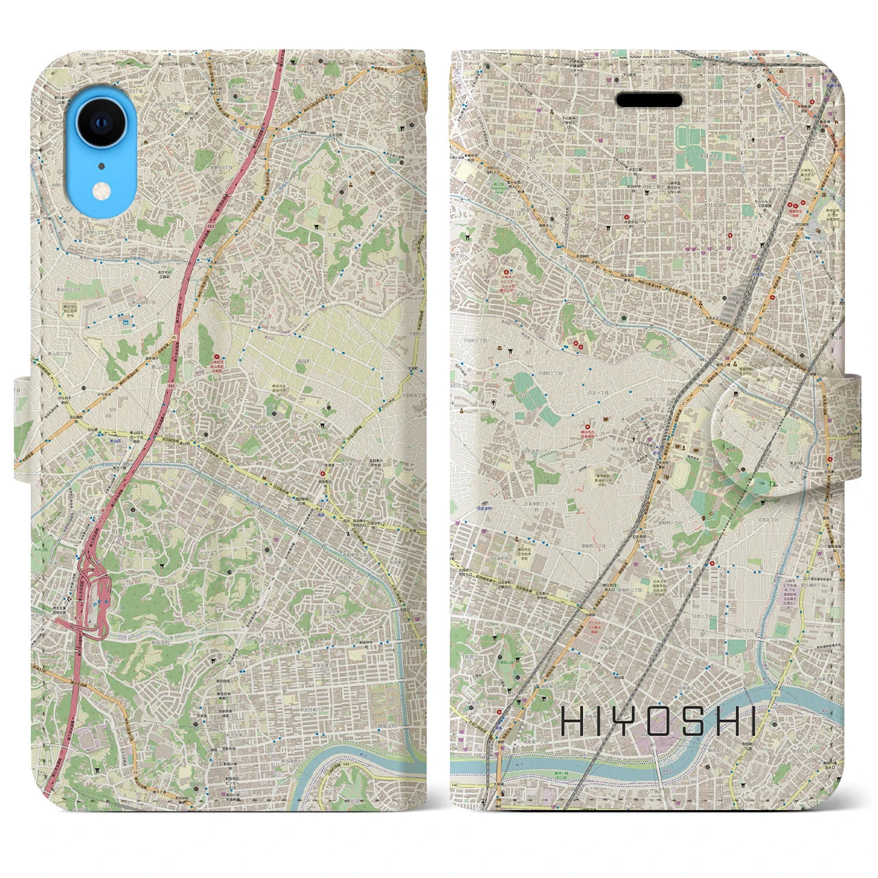 【日吉】地図柄iPhoneケース（手帳両面タイプ・ナチュラル）iPhone XR 用