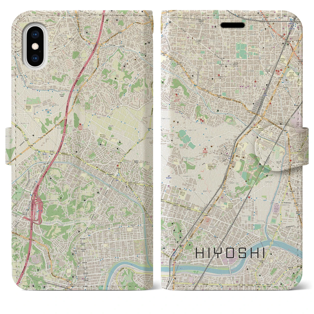 【日吉】地図柄iPhoneケース（手帳両面タイプ・ナチュラル）iPhone XS Max 用