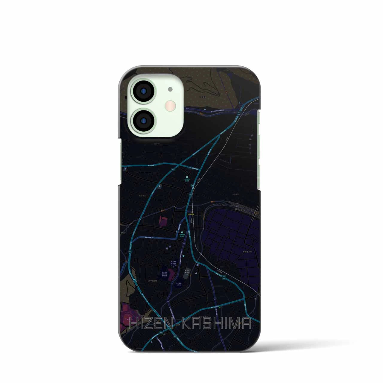 【肥前鹿島】地図柄iPhoneケース（バックカバータイプ・ブラック）iPhone 12 mini 用