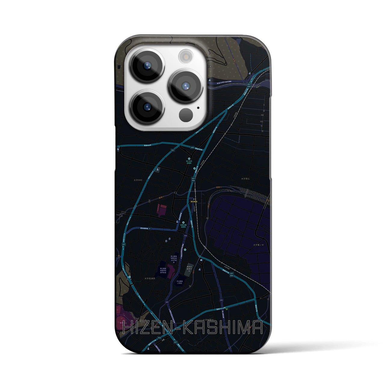 【肥前鹿島】地図柄iPhoneケース（バックカバータイプ・ブラック）iPhone 14 Pro 用