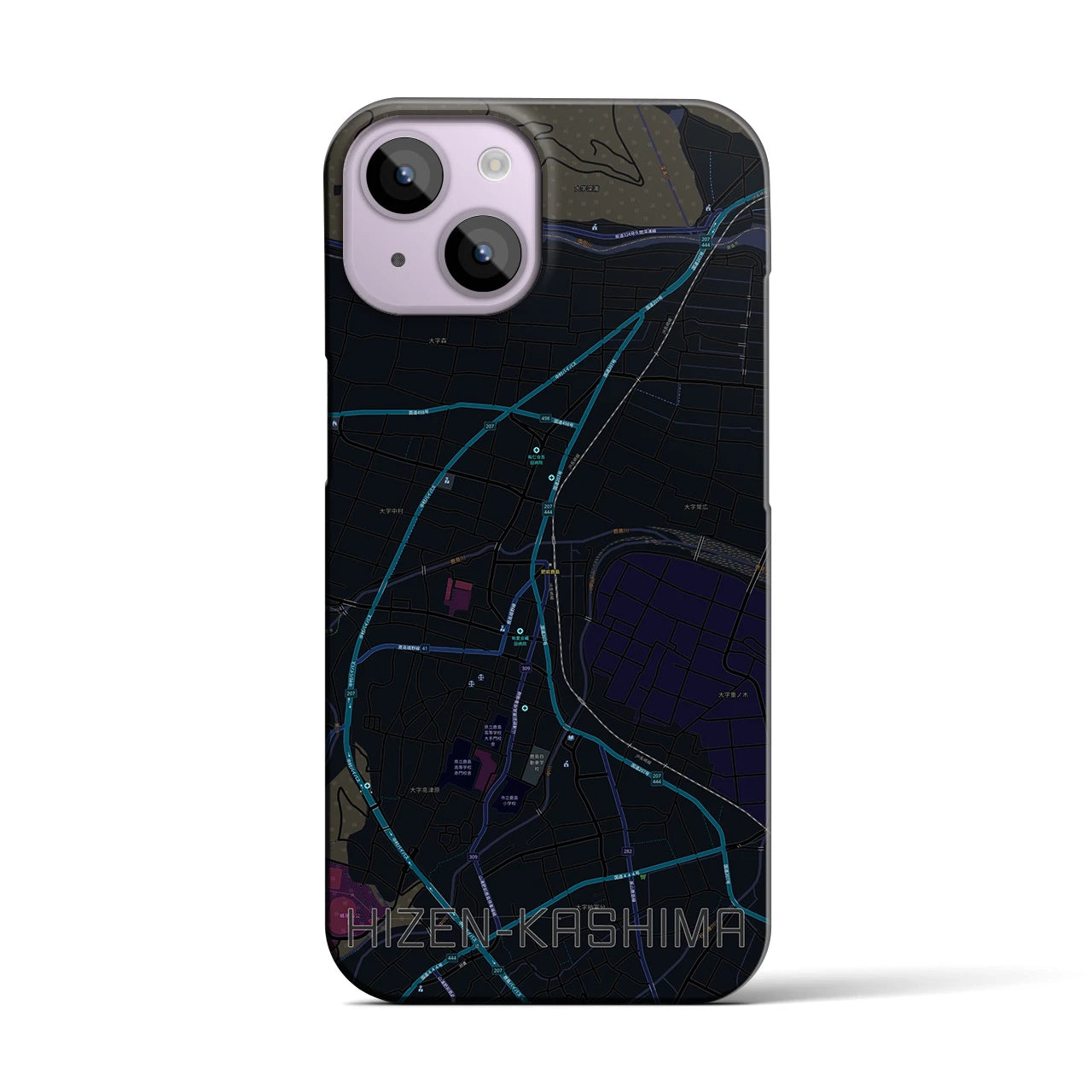 【肥前鹿島】地図柄iPhoneケース（バックカバータイプ・ブラック）iPhone 14 用