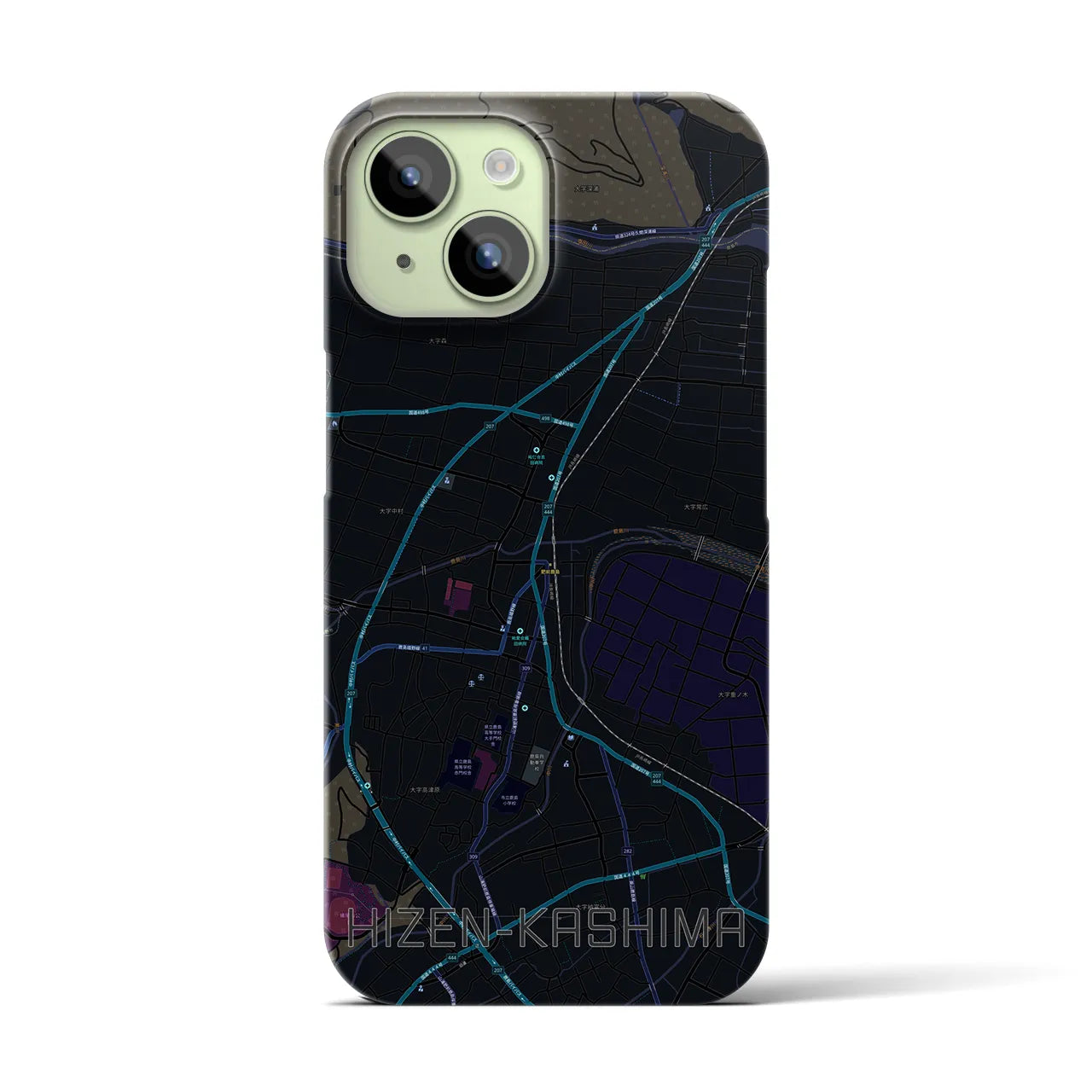 【肥前鹿島】地図柄iPhoneケース（バックカバータイプ・ブラック）iPhone 15 用