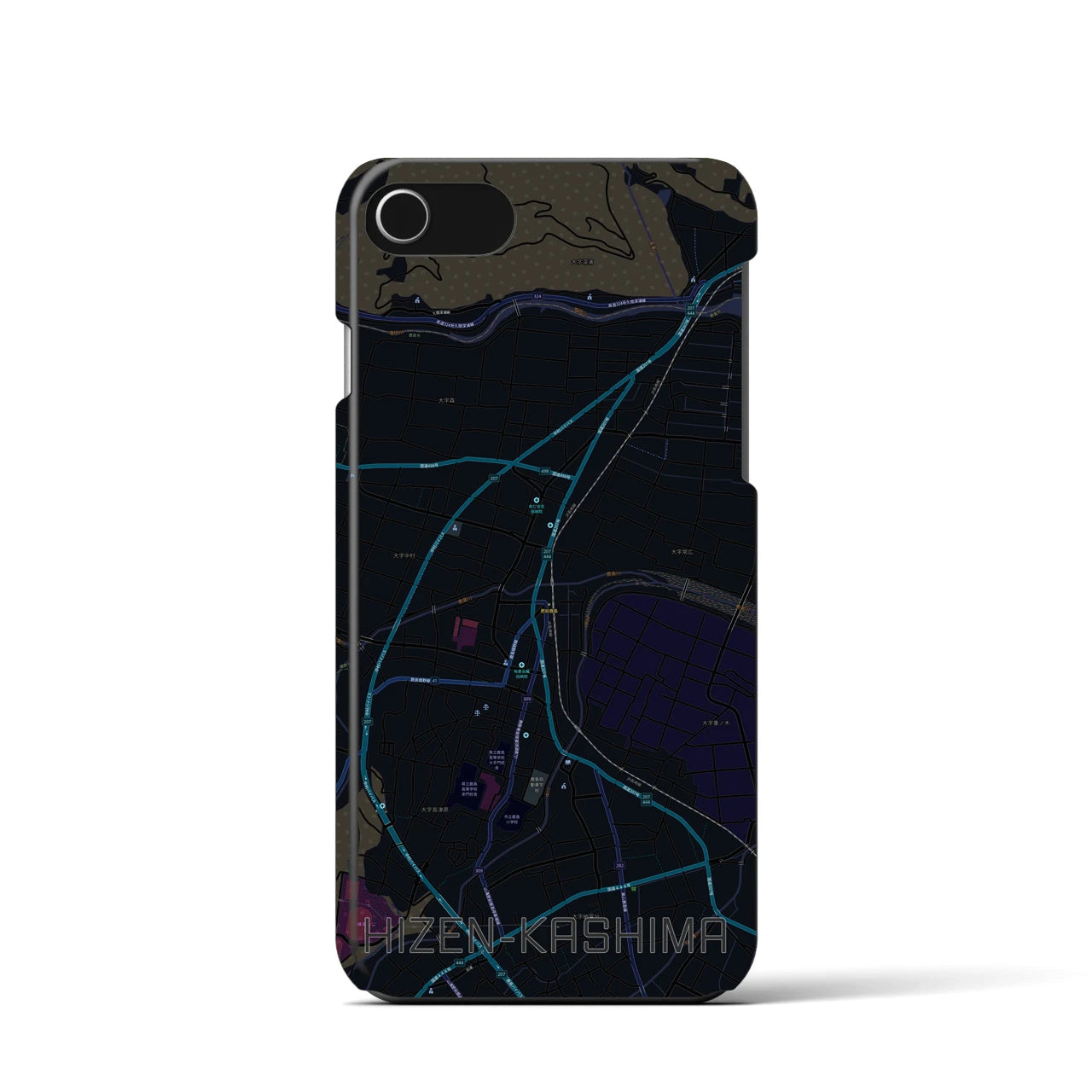 【肥前鹿島】地図柄iPhoneケース（バックカバータイプ・ブラック）iPhone SE（第3 / 第2世代） / 8 / 7 / 6s / 6 用