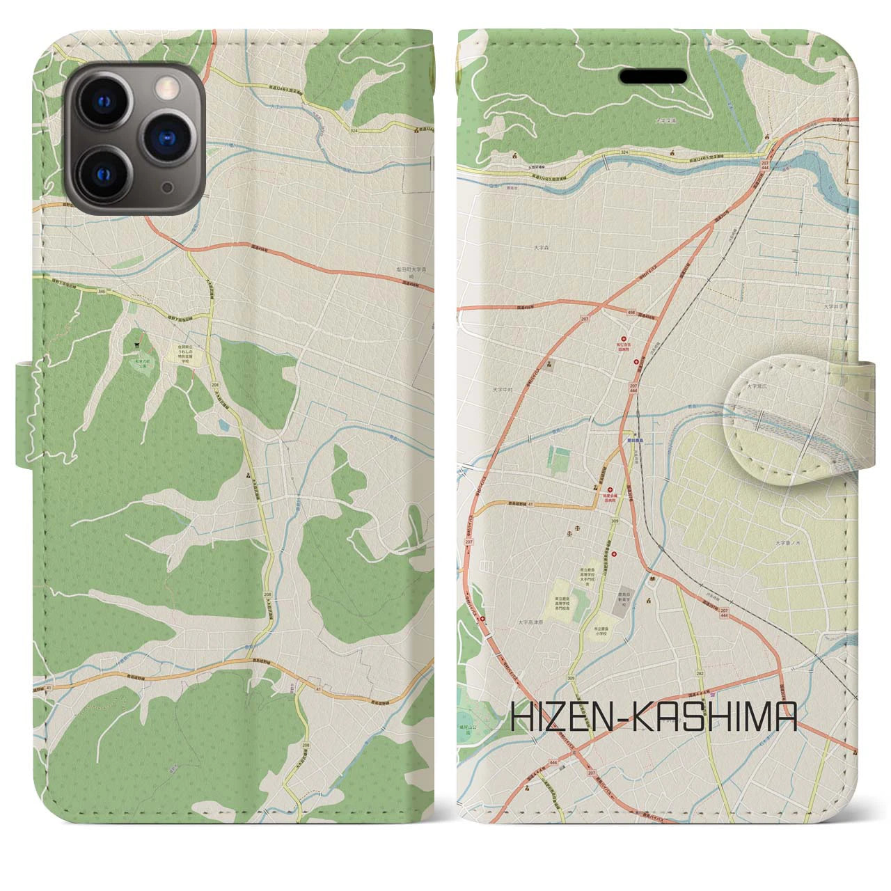 【肥前鹿島】地図柄iPhoneケース（手帳両面タイプ・ナチュラル）iPhone 11 Pro Max 用