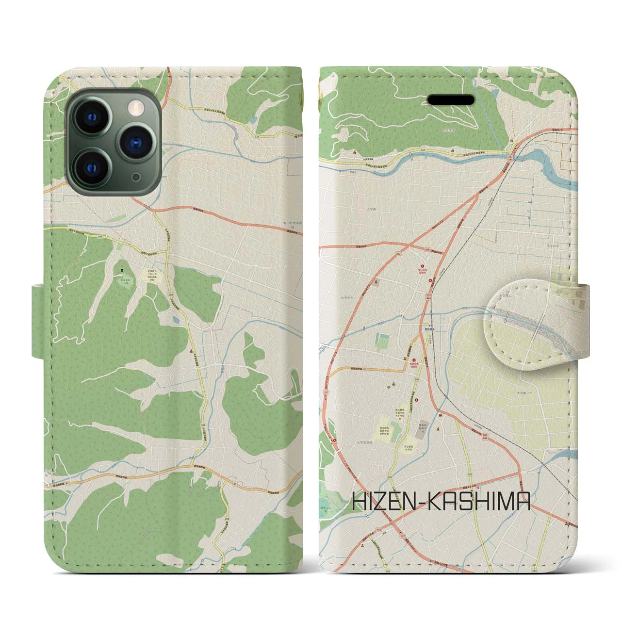 【肥前鹿島】地図柄iPhoneケース（手帳両面タイプ・ナチュラル）iPhone 11 Pro 用