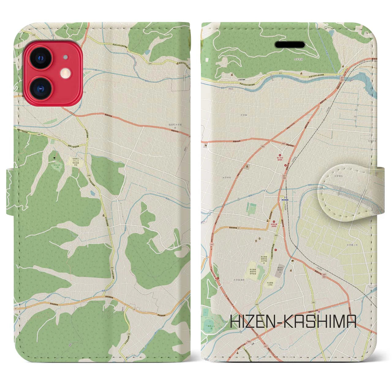 【肥前鹿島】地図柄iPhoneケース（手帳両面タイプ・ナチュラル）iPhone 11 用
