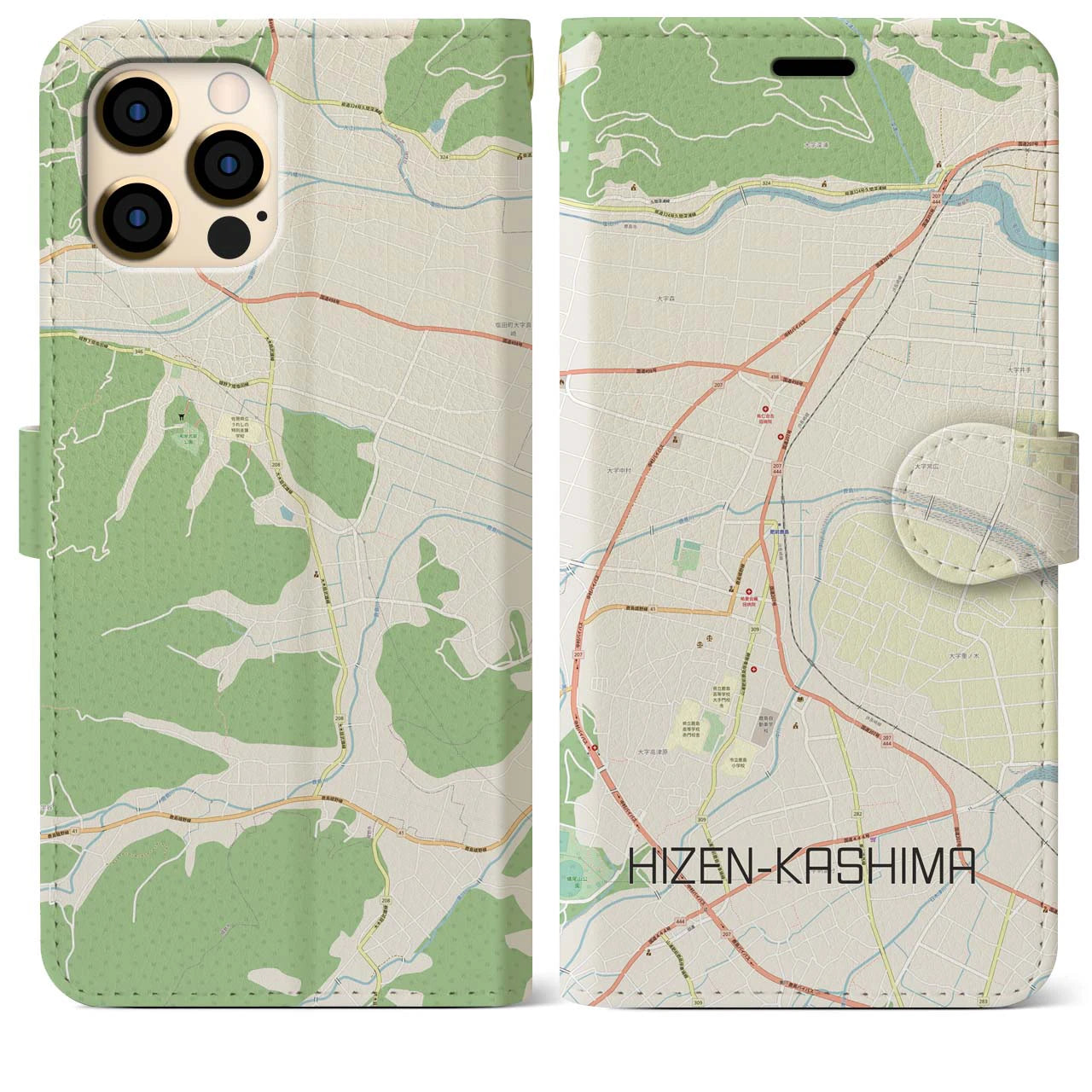 【肥前鹿島】地図柄iPhoneケース（手帳両面タイプ・ナチュラル）iPhone 12 Pro Max 用