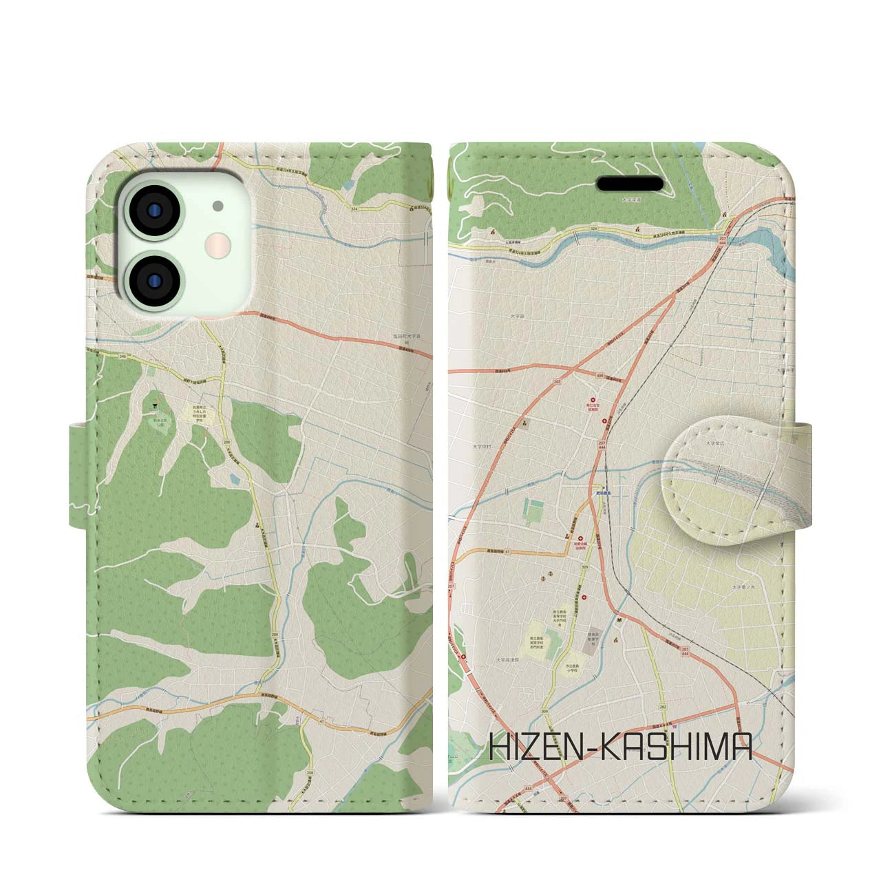 【肥前鹿島】地図柄iPhoneケース（手帳両面タイプ・ナチュラル）iPhone 12 mini 用