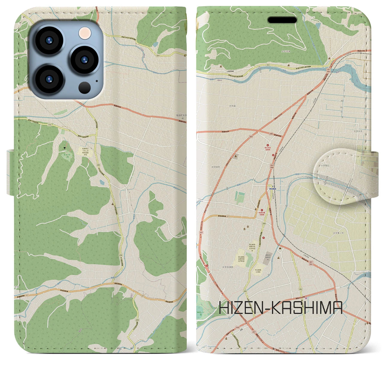 【肥前鹿島】地図柄iPhoneケース（手帳両面タイプ・ナチュラル）iPhone 13 Pro Max 用