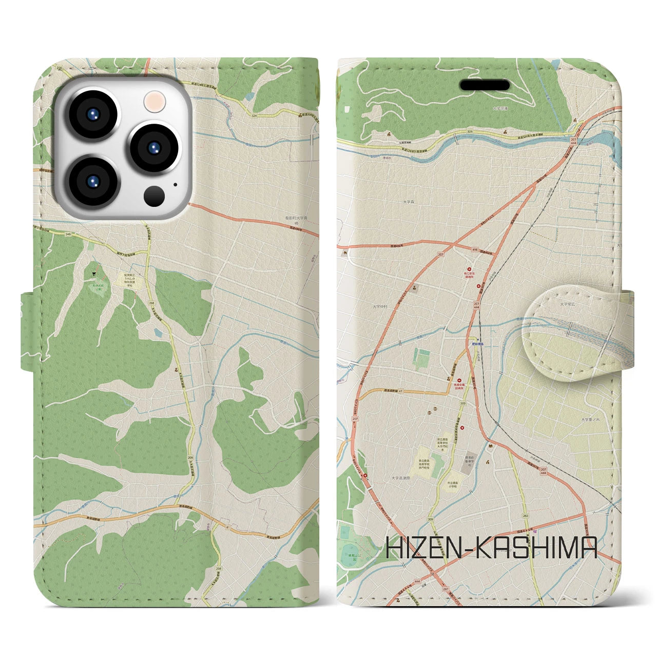 【肥前鹿島】地図柄iPhoneケース（手帳両面タイプ・ナチュラル）iPhone 13 Pro 用