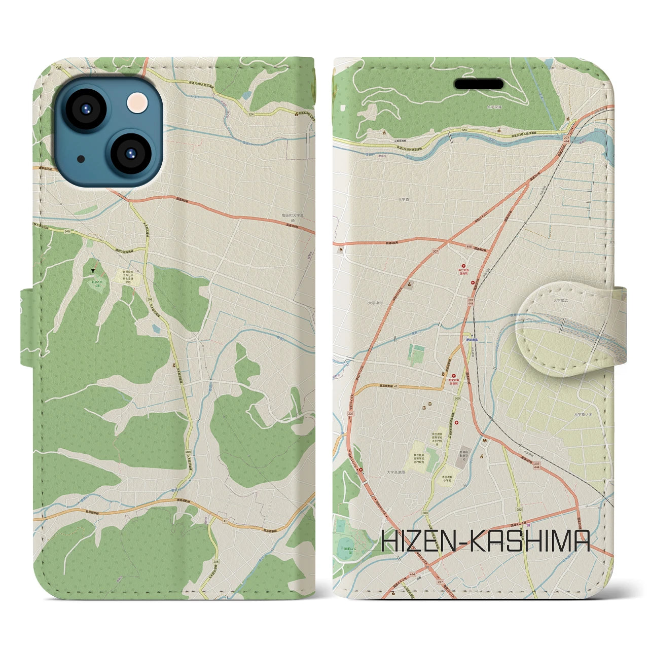 【肥前鹿島】地図柄iPhoneケース（手帳両面タイプ・ナチュラル）iPhone 13 用