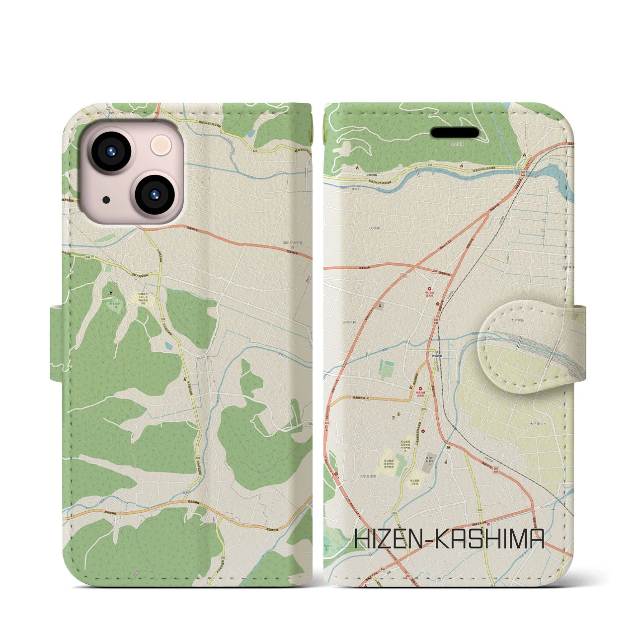 【肥前鹿島】地図柄iPhoneケース（手帳両面タイプ・ナチュラル）iPhone 13 mini 用