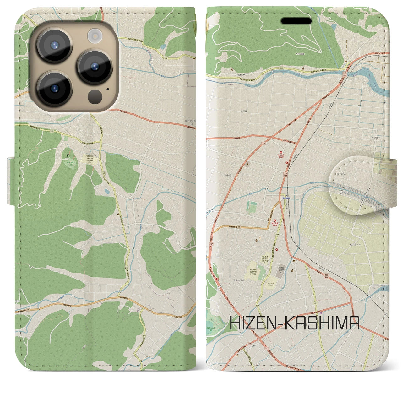 【肥前鹿島】地図柄iPhoneケース（手帳両面タイプ・ナチュラル）iPhone 14 Pro Max 用