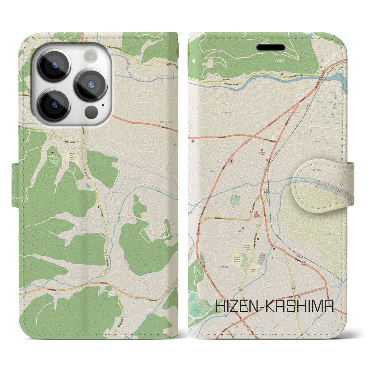 【肥前鹿島】地図柄iPhoneケース（手帳両面タイプ・ナチュラル）iPhone 14 Pro 用