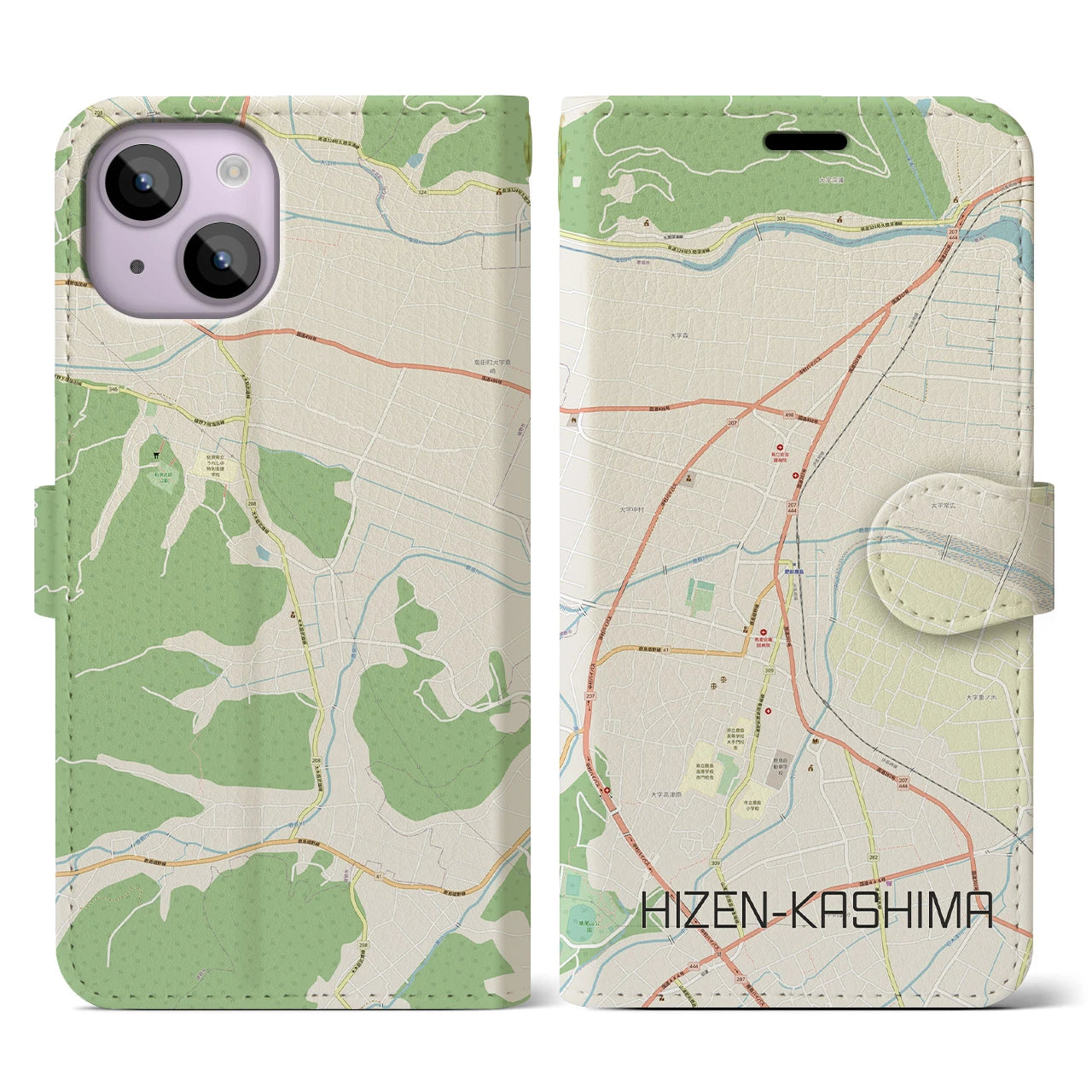 【肥前鹿島】地図柄iPhoneケース（手帳両面タイプ・ナチュラル）iPhone 14 用